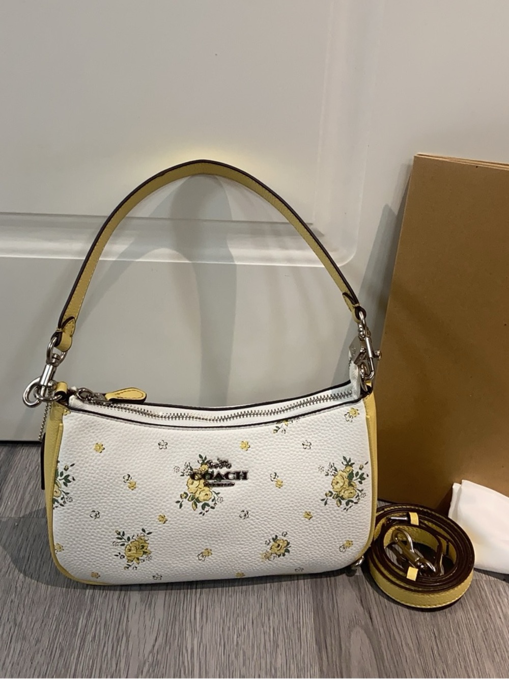 Coach White Leather Shoulder Bag with Yellow Floral Print
